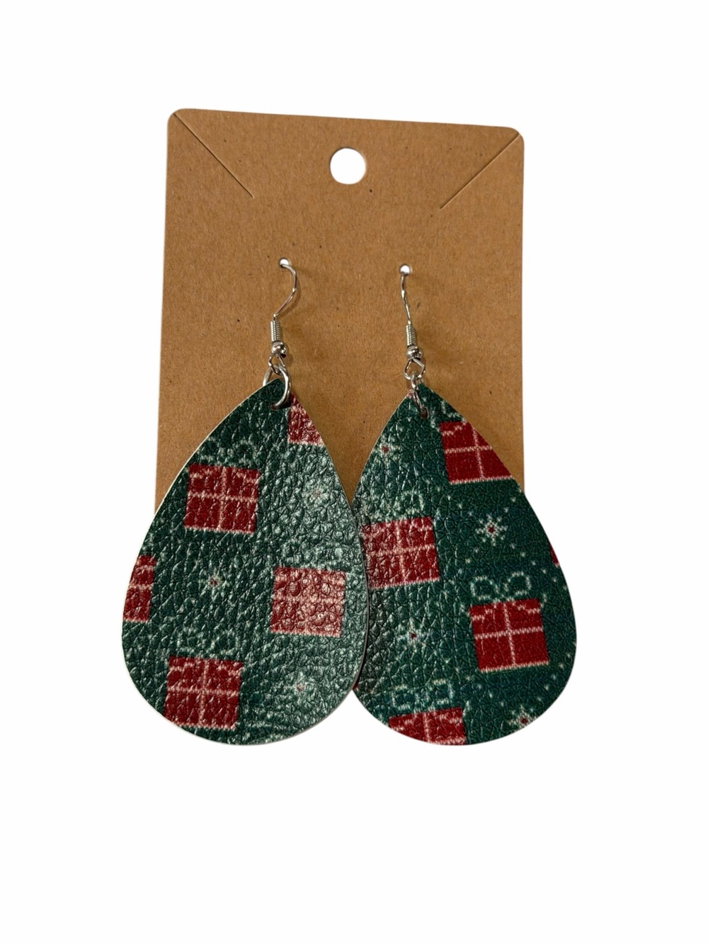 Green Teardrop Gift-Print Leatherette Earrings